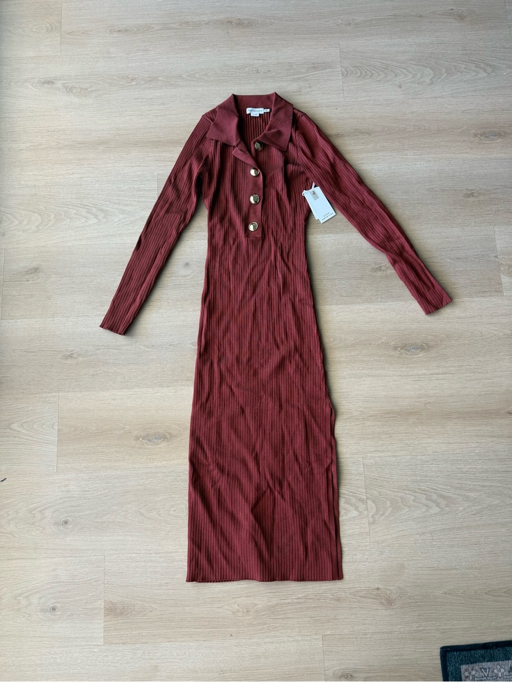 Good American Rust Ribbed Collared Midi Dress with Button Placket - Picture 2 of 4